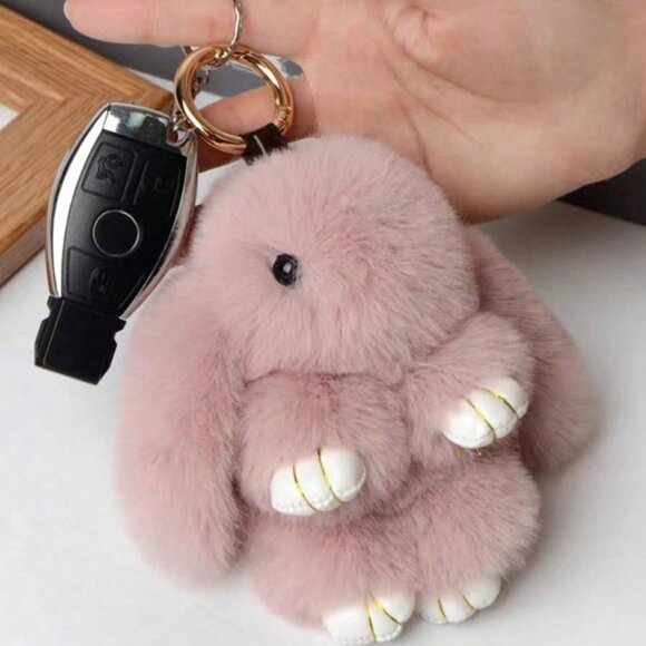 Pink Cute Faux Rabbit Fur Bunny bag charm Keychain, Bag & Car Accessory - Picture 2 of 3
